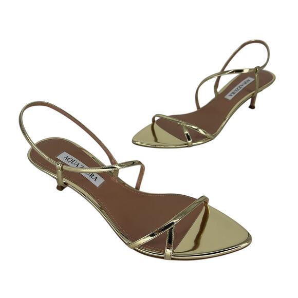 Aquazzura Tease Soft Gold Leather Kitten Heel Sandals Size 38.5 - Picture 5 of 15